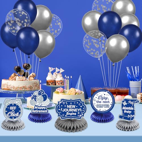 Image of 8Pcs Blue Retirement Decorations Navy Blue Silver Happy Retirement Table Honeycomb Centerpieces Farewell Table Topper Decor for Men Women Office Going Away Photo Booth Props Labor Day Party Supplies