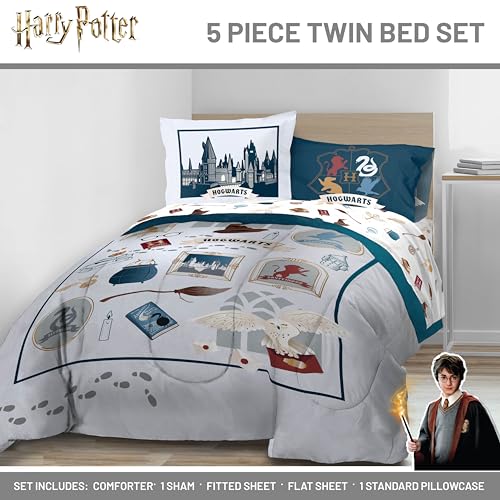 Image of Harry Potter Twin Comforter Set 5 Piece Soft Hogwarts Bedding, Grey | Hedwig, Bed in a Bag, Comforter Sheets Sham Pillowcase, Official Product, Soft Microfiber, Machine Washable, Kids Gift