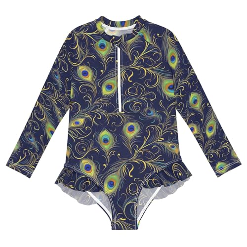 Abstract Peacock Feathers Girls Long Sleeve Swimsuit Rash Guard One Piece Bathing Suits Zipper 3-12T