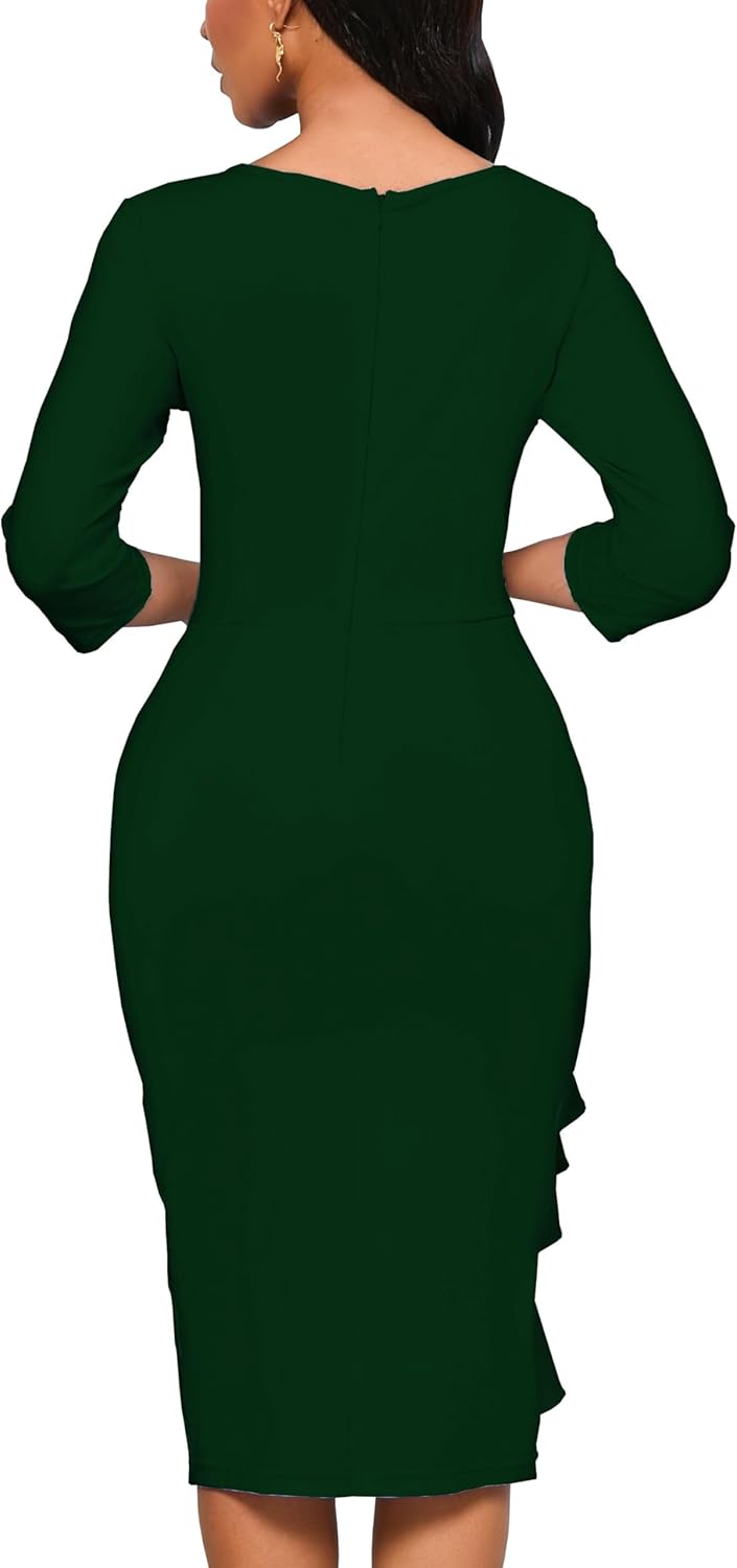 Yajedo Church Dresses for Women 3/4 Sleeve Bodycon Ruffle Vintage Wear to Work Pencil Midi Dress - Image 6