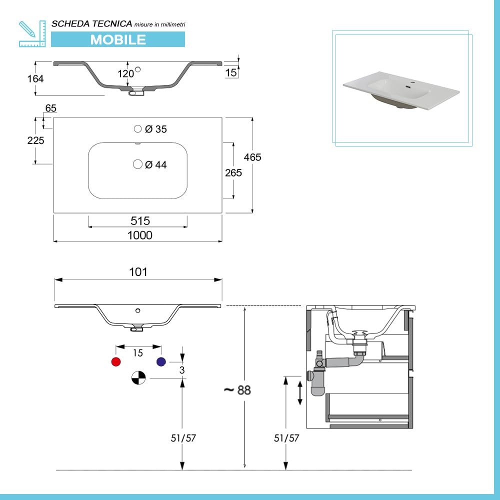 Mobile Bagno Sospeso Cannettato Da 100 Cm In Legno Nobilitato Rovere Linea Wise Con 2 Cassettoni Soft-Close A Gola, Completo Di Specchio Tondo E Lavabo In Ceramica