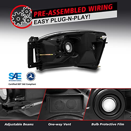 Roadeal For 2006 2007 2008 Dodge Ram 1500 2006-2009 Dodge Ram 2500/3500 Headlights Assembly Pair Chrome Housing Fit W/O Bottom Amber Colored Bar #TOP1