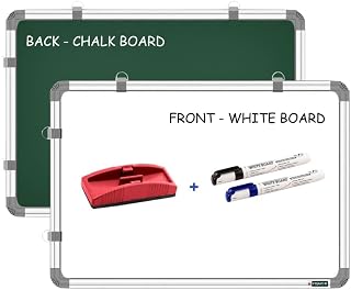 YAJNAS White Board 1.5X2 Feet Non-Magnetic Double Sided Whiteboard & Chalkboard Both Side Writing Board with 2 whiteboard Markers + 1 White Board Duster - Set of 4 Items