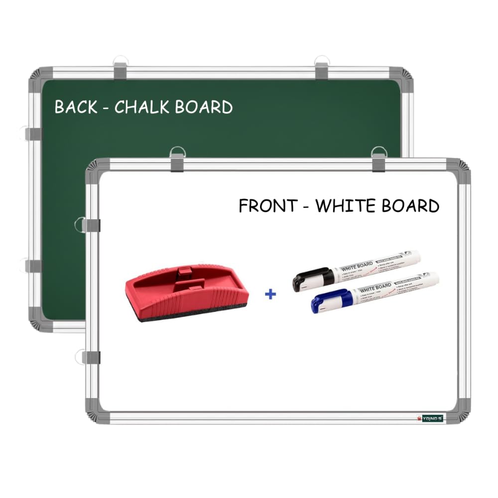 - White Board 1.5X2 Feet Non-Magnetic Double Sided Whiteboard & Chalkboard Both Side Writing Board with 2 whiteboard Markers + 1 White Board Duster - Set of 4 Items