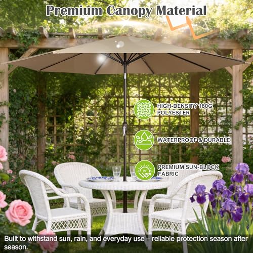 Image of Blissun 10FT Patio Umbrella, Outdoor Table Umbrella, Yard Umbrella, Market Umbrella with 8 Sturdy Ribs, Push Button Tilt and Crank, Tan