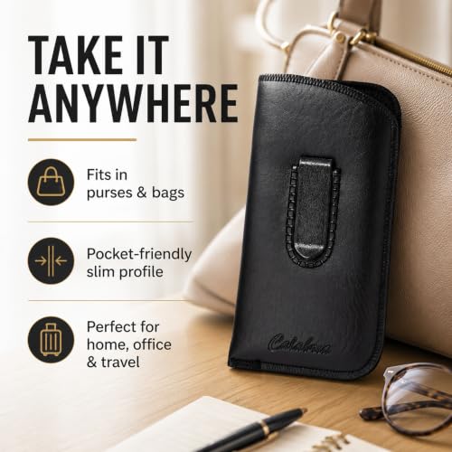 Image of Calabria Slim Eyeglass Case with Felt Lining -Black W /Clip PU Leather | Soft Slip-In Glasses Sleeve | Pocket Clip Option | Protective Slim Eye Glasses Case Soft Pouch