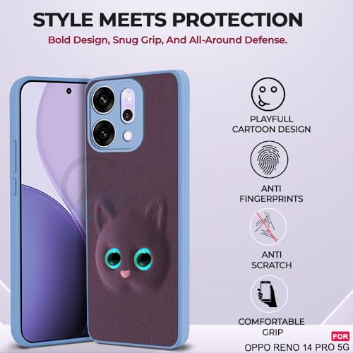 Image of AESTMO Back Case Cover for Oppo Reno 14 Pro 5G Back Cover | 3D Cat Cover | Leather Finish | Full Body Protection | Camera Protection Back Cover for Oppo Reno 14 Pro 5G (Purple)