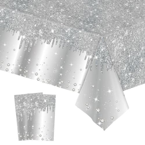 2 Pièces Nappe Plastique Rectangulaire Anti Tache,137*274cm Brillant Nappe de Table Argenté...