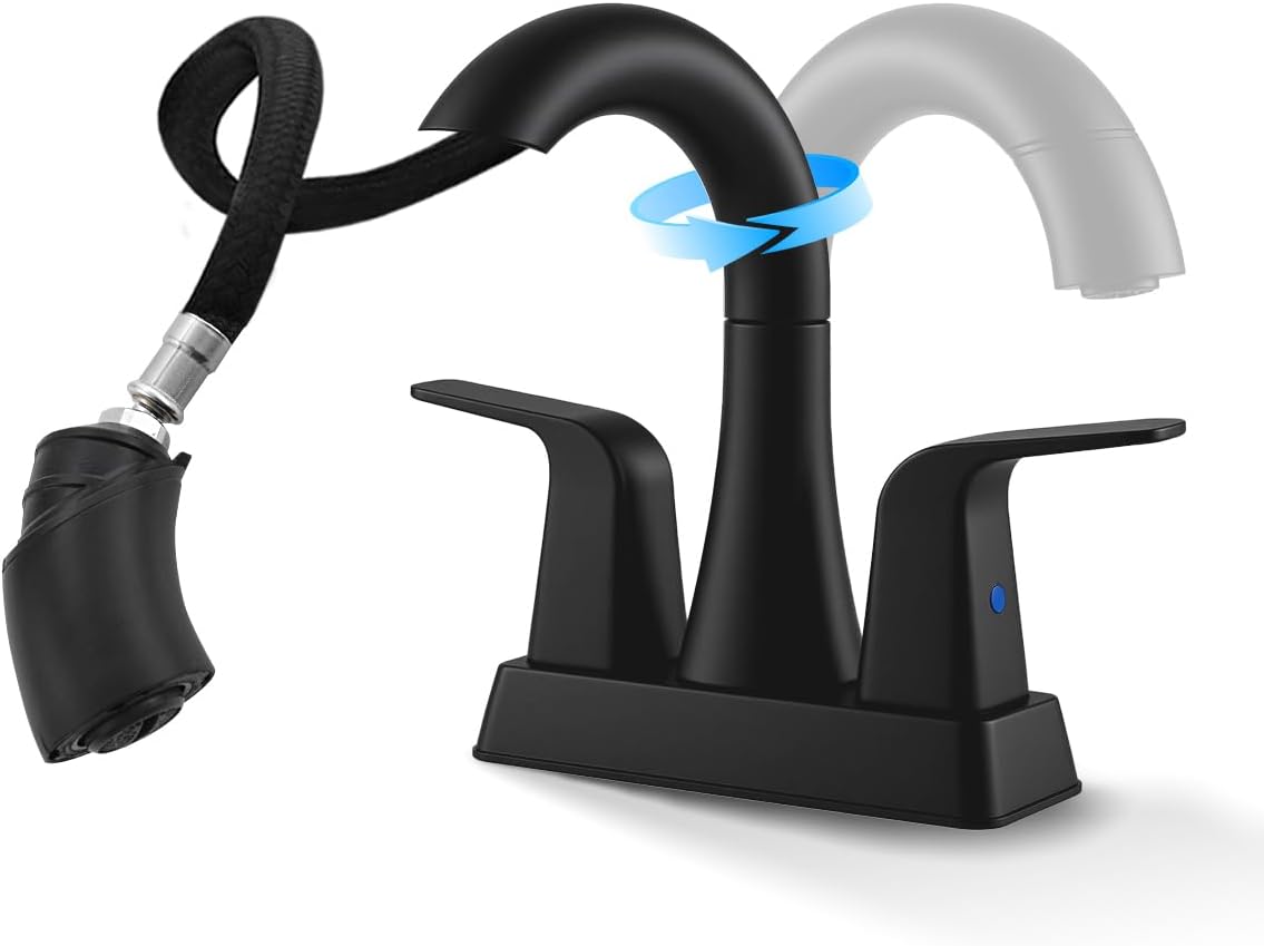 BRAVEBAR Matte Black Bathroom Faucet 4 Inch Centerset 3 Hole, 2 Handle Faucet with Heat-Resistant Pull-Out Sprayer, 360° Swivel Spout & Pop-Up Drain, BF-116B