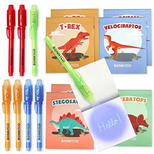 BONNYCO Boligrafo Tinta Invisible y Libreta Dinosaurios, Pack de 8 Regalos Cumpleaños Niños Colegio. Detalles Cumpleaños Niños, Relleno Piñata Infantil. Regalos Alumnos Primaria Fiesta Infantil
