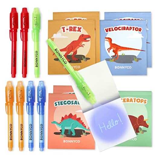BONNYCO Boligrafo Tinta Invisible y Libreta Dinosaurios, Pack de 8 Regalos Cumpleaños Niños Colegio. Detalles Cumpleaños Niños, Relleno Piñata Infantil. Regalos Alumnos Primaria Fiesta Infantil