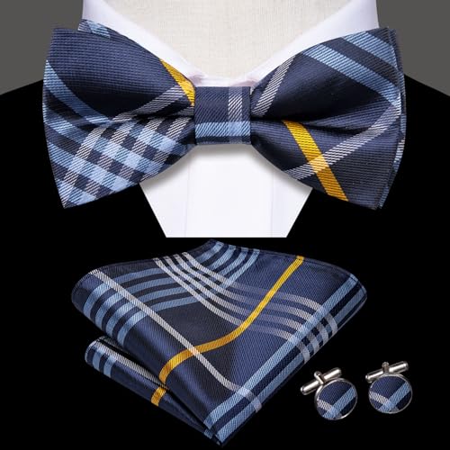 Image of Hi-Tie Plaid Blue Orange Bow Ties for Men Handkerchief Lapel Pin Cufflinks Mens Bowtie Sets for Wedding Formal Party