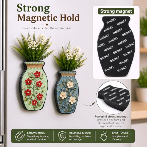 Image of Regalo Casila Magnetic Artificial Flower Vase Fridge Magnets Set of 2 Floral Botanical Art Decorative Refrigerator Kitchen Home Office Decor Housewarming Gift