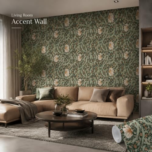 Image of Sage Green Vintage Floral Peel and Stick Wallpaper - Elegant Botanical Self Adhesive Wallpaper Roll for Living Room, Bedroom, Hallway, Accent Wall, Cabinet & Furniture