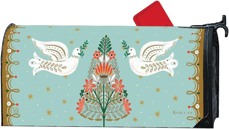 Studio M Decorative Holiday MailWrap Fits Standard Size 6.5 x 19 Inch Mailbox Weather Resistant Vinyl Green Red White Folk Art Christmas