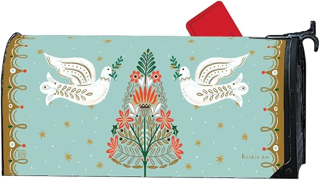 Studio M Decorative Holiday MailWrap Fits Standard Size 6.5 x 19 Inch Mailbox Weather Resistant Vinyl Green Red White Folk Art Christmas