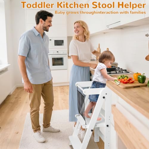 Image of ROOMTEC Foldable Toddler Kitchen Tower, 3 Adjustable Height Wooden Step Stool, Toddler Standing Tower with Safety Net (White)