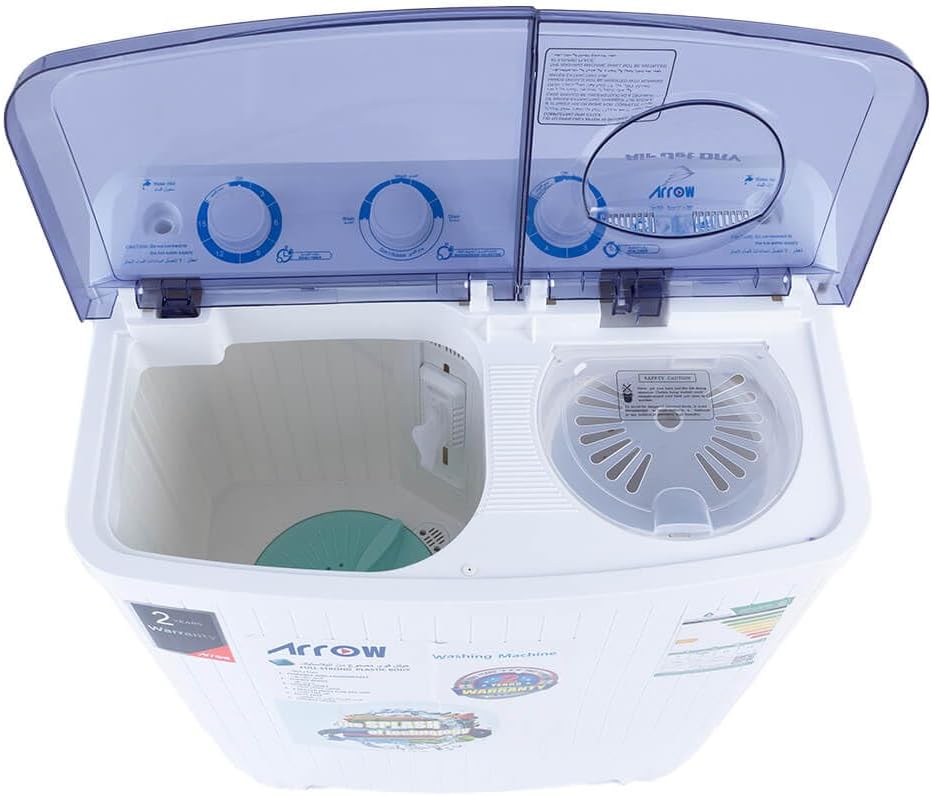Жогорку view of Arrow RO-06TTB washing machine with lids open, showing wash and spin tubs and control knobs