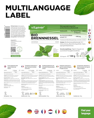 vit4ever Bio Brennnessel - 240 Kapseln - Hochdosiert mit 1000mg je Tagesportion - 10:1 Brennnessel Extrakt in zertifizierter Bio Qualität - Vegan