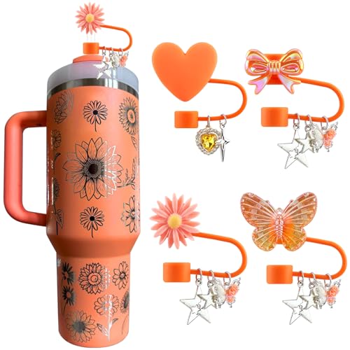 SEMATA Orange Straw Cover for Stanley Cup 30/40 OZ Flower Bow Straw Toppers