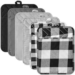 R HORSE 6Pcs Pot Holder with Pocket Black Check Pocket Pot Holder Set Cotton Plaid Kitchen Heat Resistant Potholder Non Slip Potholder Oven Mitts Hot Pads Terry Cloth Pot Holders for Cooking Baking