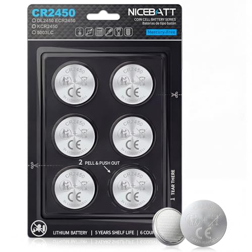 NICEBATT Cr2450 3V Lithium Battery 6 Pack, Long Lasting Power for Key Fob,Door Sensor, Security System and More 2450 Batteries