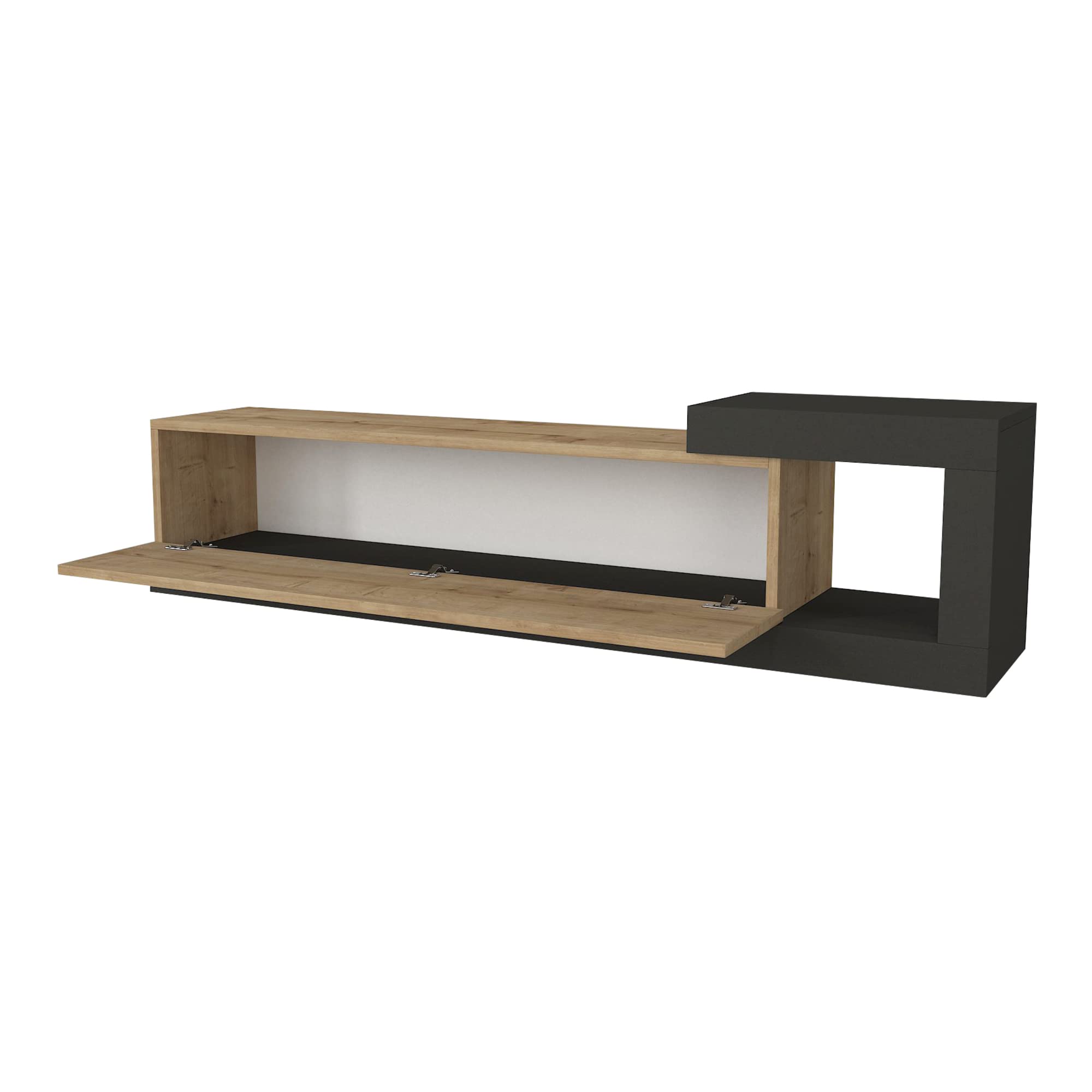 [en.casa] Mobile TV Sospeso 150 x 29,5 x 38,5 cm Mobile Porta TV a Parete Supporto TV a Muro con Anta a Ribalta e Scomparto Laterale Aperto - Effetto Rovere/Antracite
