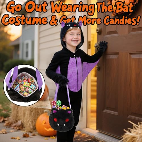 Image of Halloween Bat Costume for Boys & Girls, Kids Onesie Costume with Purple Bat Wings, Ears, Paws, Purse Bag, Gifts for Halloween, Dress-Up, Birthday or Any Occasion (5-6Years)