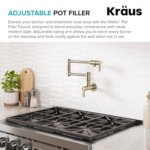 Image of KRAUS Oletto Pot Filler Faucet with Retractable Arm, Wall Mount Kitchen Faucet, Pot Filler for Stove in Spot-Free Brushed Brass, KPF-5001SFACB