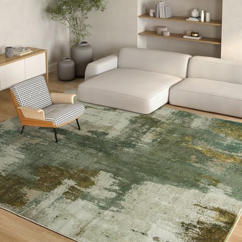 Image of Kelarea Living Room Rug, 8x10 Rug Modern Abstract Washable Rugs Green Faux Wool Vintage Carpet, Non Slip Large Rugs for Bedroom, Dining Room, College Dorm, Home Office