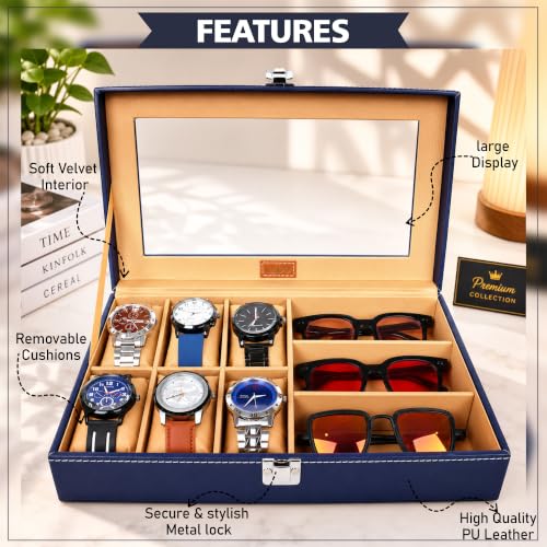 Image of LEDO Watch Box Organizer with 6 Watch Slots and 3 Sunglasses Slots, Blue and Cream, PU Leather, Rectangular, Metal Clasp Lock, Transparent Display Window