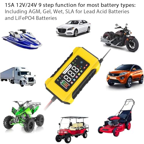 15A Car Battery Charger, 12V/24V Automatic Smart Charger Monitor Battery with LCD Screen Temperature Compensation for Car, AGM, Gel, Wet, SLA for Lead Acid Batteries and LiFePO4 Batteries - Image 7