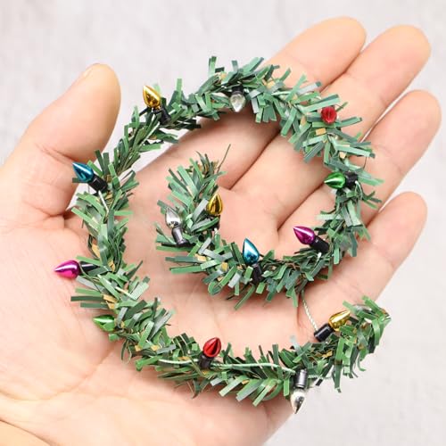 Miniature Christmas Garland Christmas Lights Miniature Christmas Tree Lights Artificial Pine Wired Roping with Metallic Bulbs for Dollhouse Fairy Garden 11.8 inches Long (2PCS)