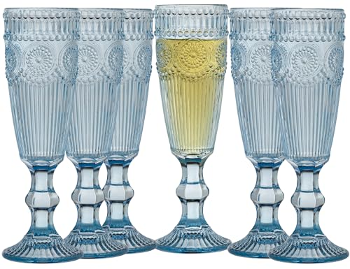 XKXKKE 6 copas de champán de cristal de 5 onzas, copas de vino espumoso de cristal de colores en relieve de flores vintage para champán, cava, prosecco, fiesta, boda, bar, juego de 6 vasos de lujo