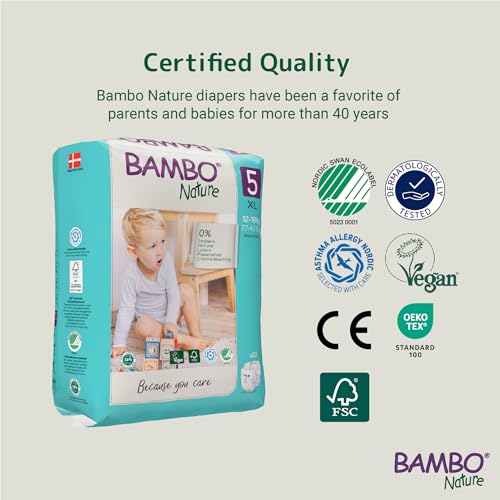 Image of Bambo Nature Premium Baby Tape Diapers for Baby XL Size (12-18 Kgs), Super Absorbent, Breathable, Extra Soft, Dermatologically Tested, Hypoallergenic Nappies With Wetness Indicator, 22 Count