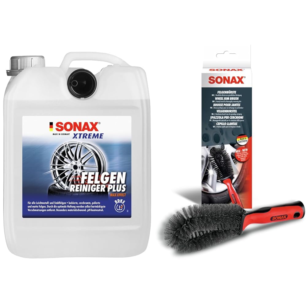 SONAX XTREME Felgenreiniger PLUS (5 Liter) & FelgenBürste (1 Stück) zur Entfernung von hartnäckigen und schwer zugänglichen Verschmutzungen von Stahl- und Alufelgen | Art-Nr. 04179000