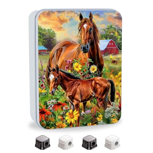 Image of Metal Tin Box with Lid for Game Cards Home Organizer Candles Keys Crafts Storage - Comes with 4 Magnetic Cord Clips,Horses and flowers