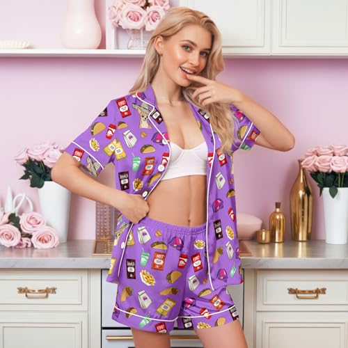 Image of HUNTFAMI Womens Soft Silky Satin Pajamas Set, 2 Pcs Sleep Short Pajamas for Mom and Grandma Button Down Summer Loungewear