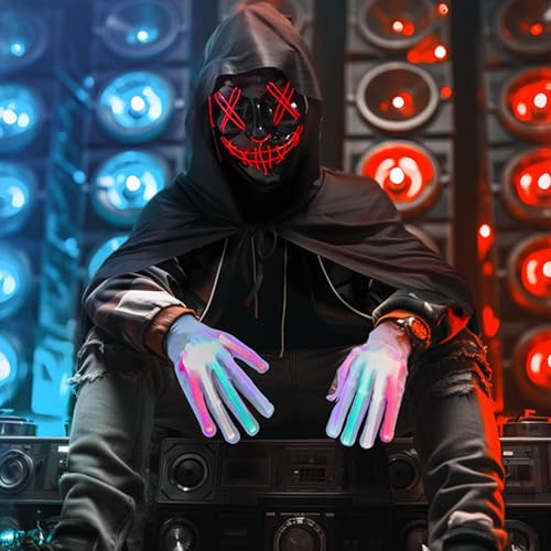 Brightown Halloween Costume Set For Boys Girls, Full Length Black Hooded Cloak, 3 Modes Light Up Scary Led Mask And Multicolor Led Glowing Gloves Perfect For Halloween Decorations Anonymous Carnival thumb #1