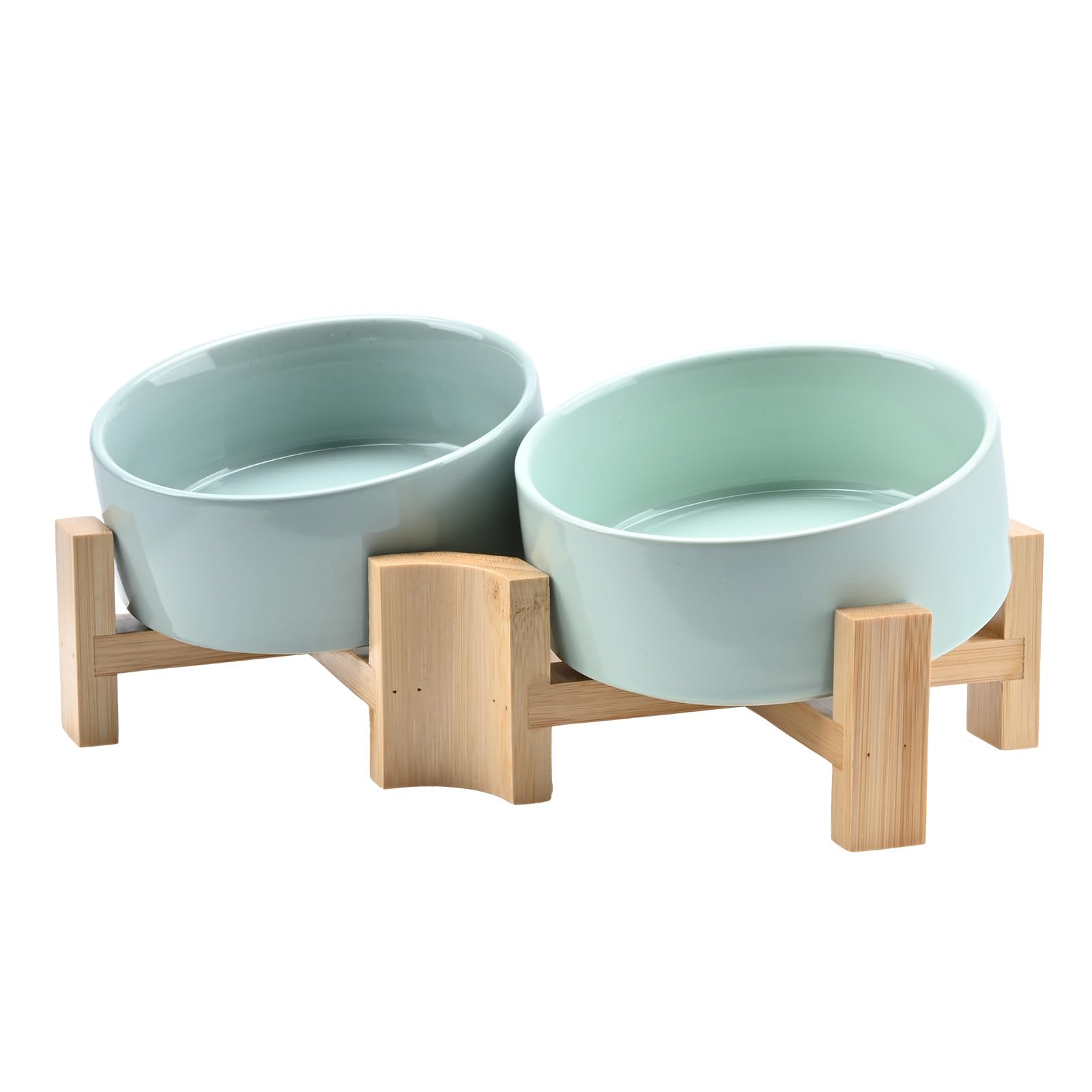 SPUNKYJUNKY 15° Kippbare Keramik Hundenapf mit Holzständer Futter und Wassernapf rutschfest für Hunde und Katzen mit Flachen Gesichtern Kleinen und Mittelgroßen Hunden (400ml × 2, Morandi Grün)