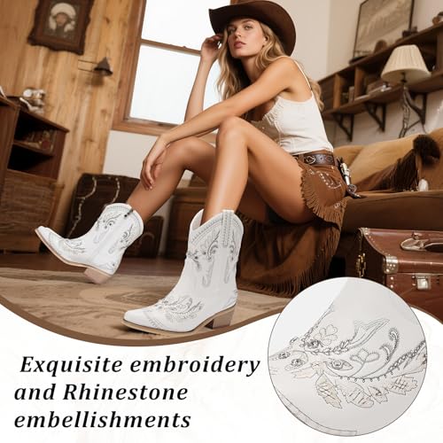 Rhinestone Ankle Cowboy Boots for Women Embroidered Short Cowgirl Boots With Low Heel Side Zipper Comfortable Chunky Heels Western Booties For Prom Party Wedding Pull On Shoes4