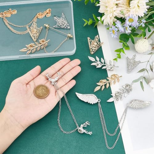 Image of PH PandaHall 12pcs Tassel Chain Brooch Collar Pins 8 Styles Wing Double Link Chains Tie Clips Chain Leaf Flower Lapel Pin Retro Shirt Collar Decoration for Men Women Shirt Suit Tuxedo Tie Hat Scarf
