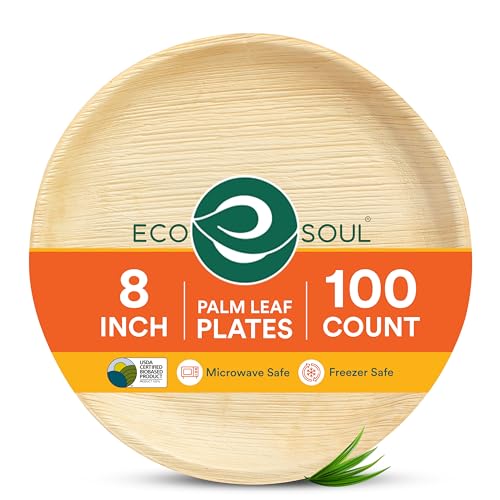 ECO SOUL [8 inch, 100-Pack Areca Palm Leaf Round Plates Disposable Eco-Friendly Biodegradable Like Bamboo Wood Plates Party, Wedding, Event Plates (20 cm)