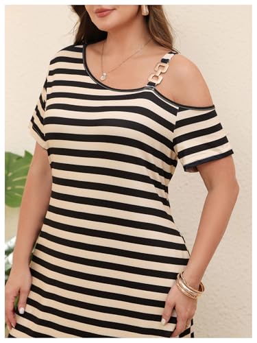 Image of Verdusa Women's Plus Size Off The Shoulder Maxi Dress Striped T Shirt Dresses with Pockets Summer Vacation Outfits