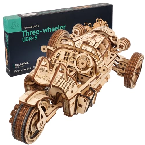 UGEARS Tricar UGR-S - Maqueta de Coche para Montar - Puzzle 3D Madera para Adultos - Maqueta Madera Puzzle Moto con Dirección Funcional y Motor de Resorte - Ideal para Amantes de Maquetas de Motos
