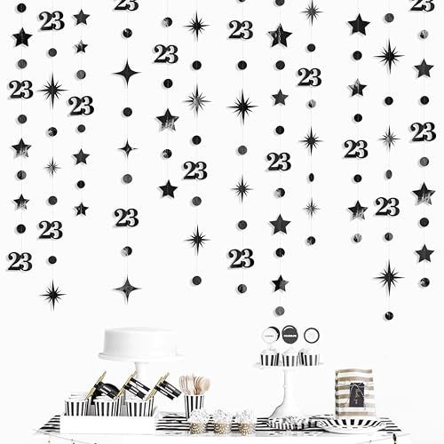 Black 23th Birthday Decorations Number 23 Circle Dot Star Garland Streamer Banner Backdrop for Women Mens Cheers to 23 Years Old Birthday Happy 23rd Anniversary Awesome Since 2003 Party Supplies