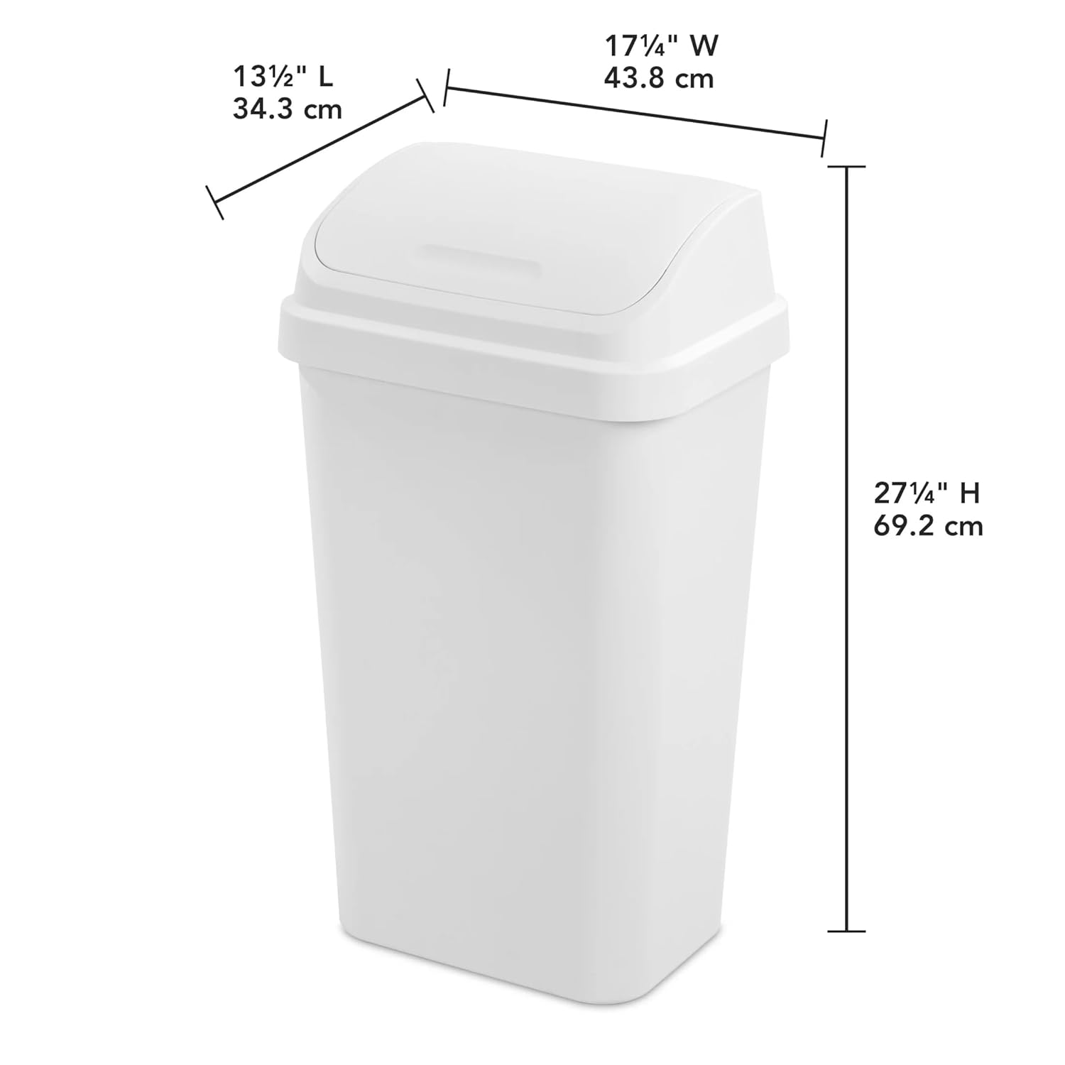 Kitchen Trash Can, 13 Gallon Plastic Garbage Bin with Swing Top Lid, White