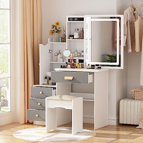 FAMAPY Vanity Desk with Mirror and Lights, Vanity with Sliding Mirror and Lights, Makeup Vanity with Drawers & Shelves, Cushion Stool, White and Grey