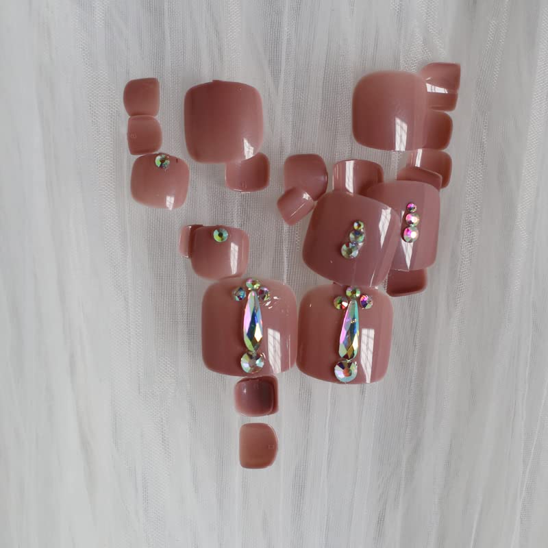 Miniatura 3 de ZYBUXY 24 uñas de los pies a presión color caqui para los dedos de los pies, elegantes y exquisitas piedras brillantes, uñas postizas para novias,