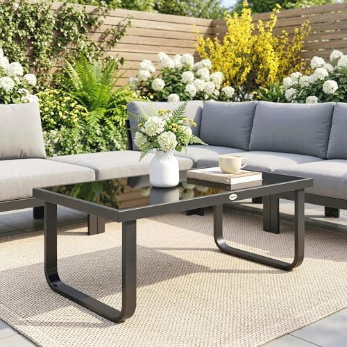 Outsunny Outdoor Patio Coffee Table, Rectangle Metal Side Table with Tempered Glass Tabletop, Adjustable Foot Pads for Deck, Balcony, Lawn, Black